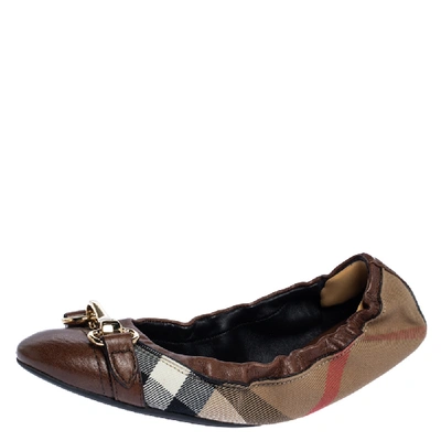 Pre-owned Burberry Brown House Check Canvas And Leather Shipley Ballet Flats Size 38