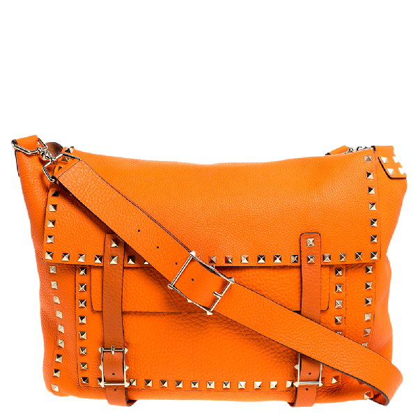 Pre-Owned Valentino Garavani Neon Orange Leather Rockstud Messenger Bag ...