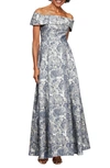 Alex Evenings Floral Brocade Off The Shoulder Gown In Silver Multi