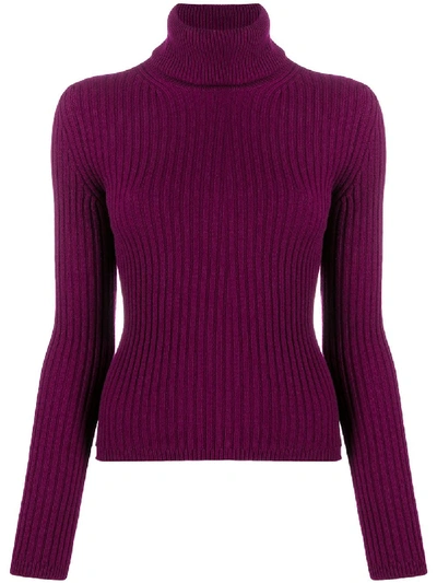 Saint Laurent Ribbed Polo Neck Cashmere Sweater In Aubergine