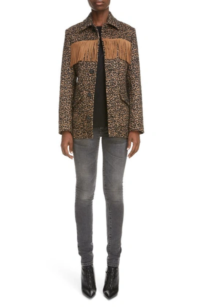 Saint Laurent Belted Fringed Leopard Wool-blend Jacquard Jacket In Black,brown,beige