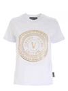 VERSACE JEANS COUTURE V-EMBLEM LAMINATED PRINT T-SHIRT IN WHITE