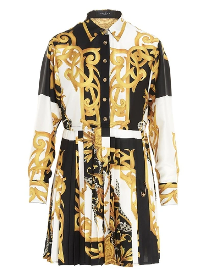 Versace Pleated Printed Silk-twill Mini Shirt Dress In Black