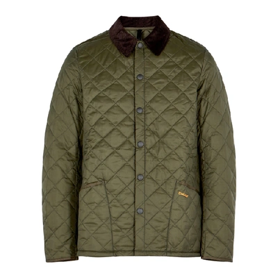 Barbour Heritage Liddesdale Green Jacket With Classic Corduroy Collar And Logo Lettering On The Front In Tec