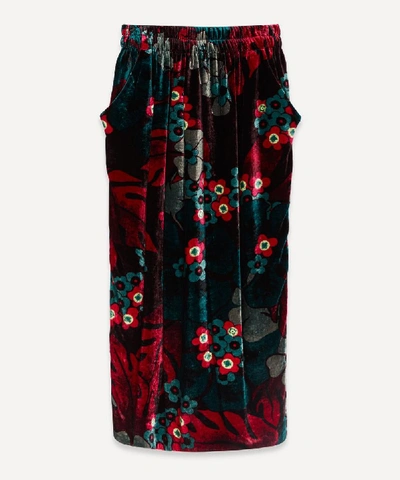 Dries Van Noten Sofya Floral Print Velvet Midi Skirt In Fuchsia/ Black