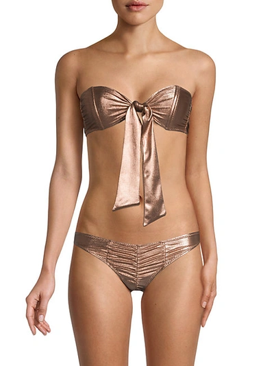 Lisa Marie Fernandez Poppy Tie-front Ruched Metallic Bikini In Copper