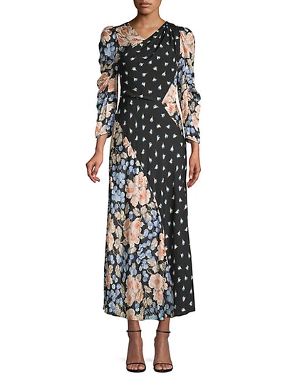 Rebecca Taylor Blush Rose-print Silk-blend Midi Dress In Black Combo