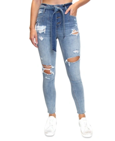 Almost Famous Juniors' Destructed Belted Skinny Jeans In Medium Wash