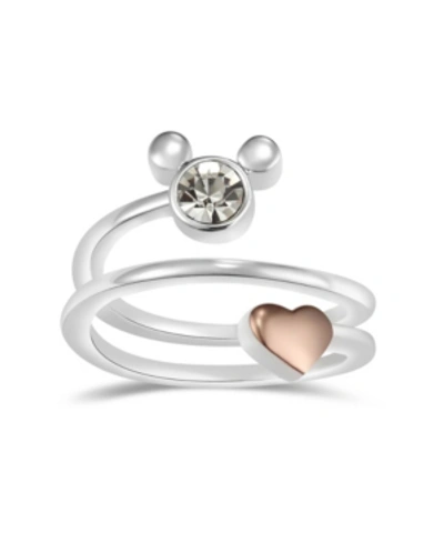 Disney Crystal Mickey Mouse Head With Heart Bypass Ring In Two-tone Rose Gold Plated