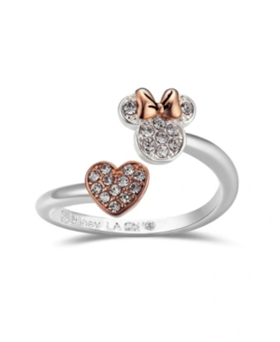Disney Pave Crystal Minnie Mouse Head With Heart Bypass Ring In Two-tone Rose Gold Plated