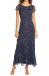 Pisarro Nights Beaded Mesh Column Gown In Navy