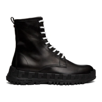 Versace Logo-plaque Leather Lace-up Boots In Black