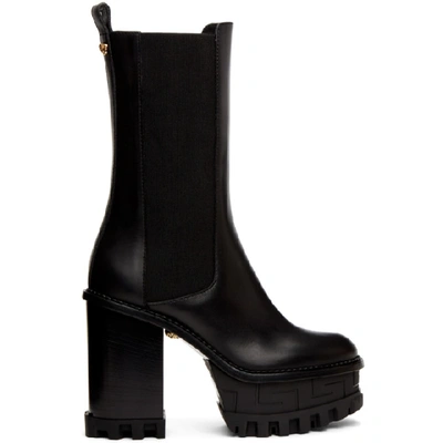 Versace Greca Embossed Platform Boots In Black