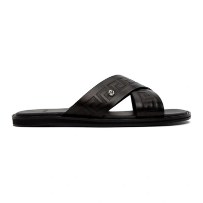Versace Greca-embossed Cross-strap Leather Sandals In Black