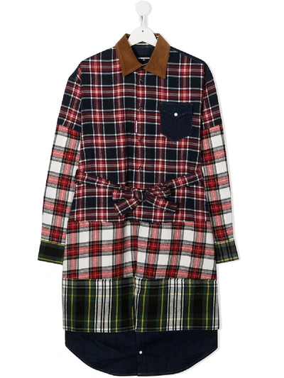 Dsquared2 Teen Plaid Patchwork Shirt Dress In Red