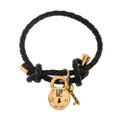 Pre-owned Carolina Herrera Ch  Lock & Key Braided Black Leather Gold Tone Bracelet