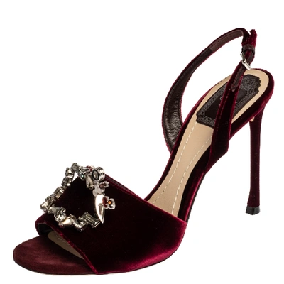 Pre-owned Dior Bordeaux Velvet Tresor Crystal Embellished Open Toe Slingback Sandals Size 38.5 In Burgundy