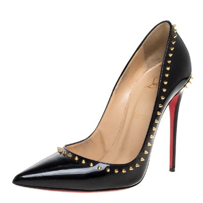 Pre-owned Christian Louboutin Black Studded Patent Leather Anjalina Pointed Toe Pumps Size 40