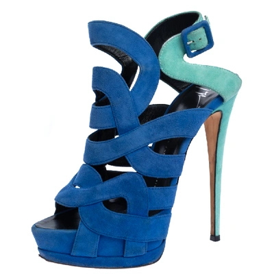 Pre-owned Giuseppe Zanotti Blue Suede Cutout Caged Slingback Sandals Size 40