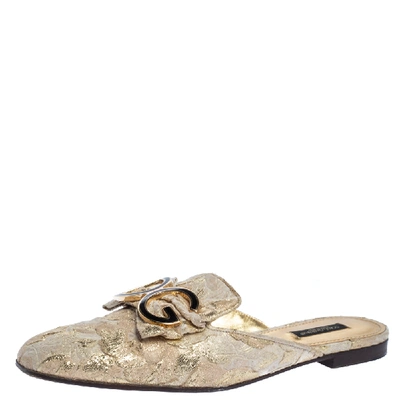 Pre-owned Dolce & Gabbana Gold Brocade Fabric Logo Slide Mules Size 39