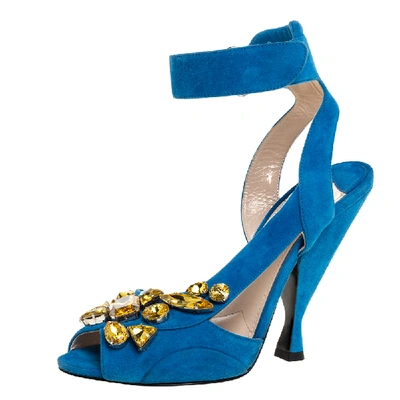 Pre-owned Prada Blue Crystal Embellished Suede Leather Ankle Cuff Sandals Size 38.5