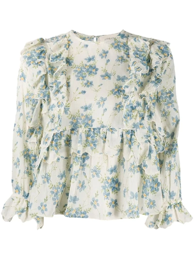 The Great Floral-print Ruffled-trim Blouse In Neutrals