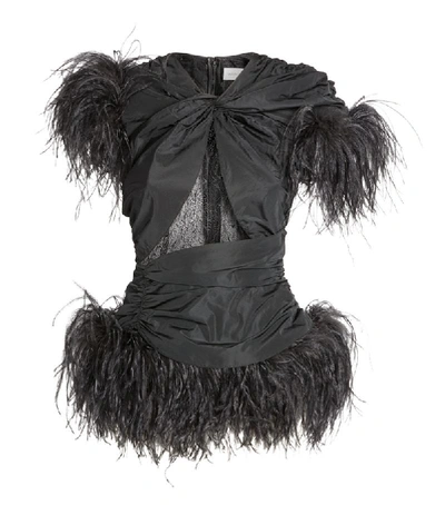 16arlington Sumire Feather And Lace-trimmed Ruched Shell Top In Black