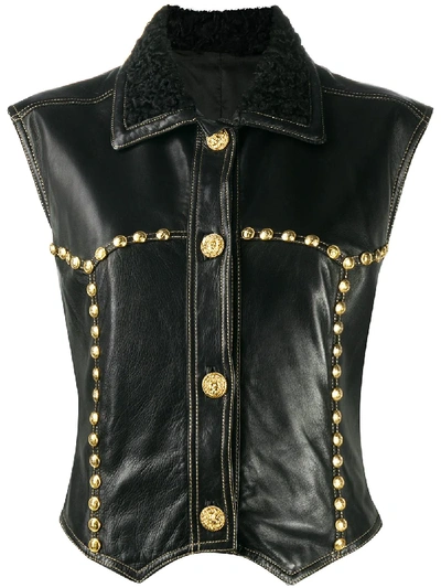 Pre-owned Versace 1990s Medusa Studded Leather Waistcoat In Black