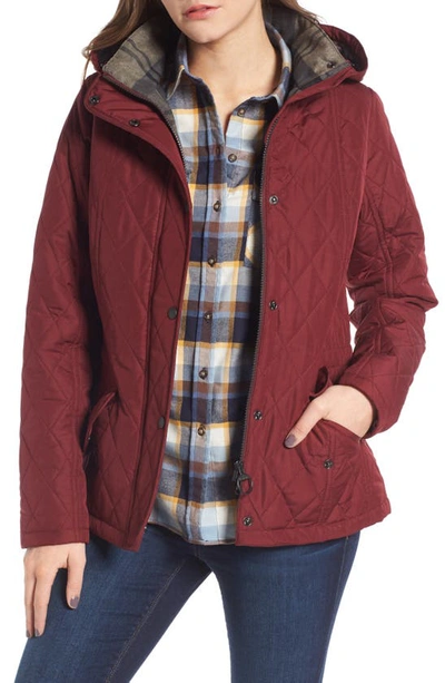 Barbour Millfire Diamond Hooded Quilted Jacket In Garnet/ Oatmeal Tartan