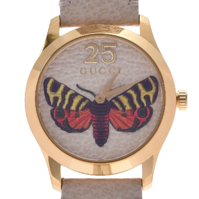 Pre-owned Gucci Ivory Gold Plated Stainless Steel G-timeless Bee Quartz Women's Wristwatch 37 Mm In White