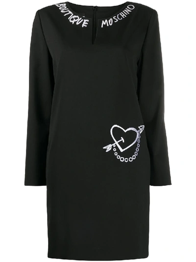 Boutique Moschino Embroidered Logo Mini Dress In Black