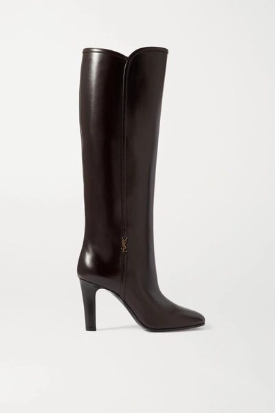 Saint Laurent Blu Embellished Leather Knee Boots In Brown