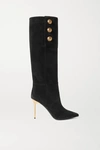 BALMAIN BUTTON-EMBELLISHED SUEDE KNEE BOOTS