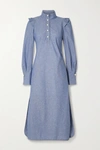 ANNA MASON AGNES RUFFLED COTTON-CHAMBRAY SHIRT DRESS