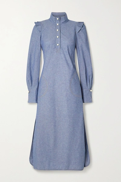 Anna Mason Agnes Ruffled Cotton-chambray Shirt Dress In Blue