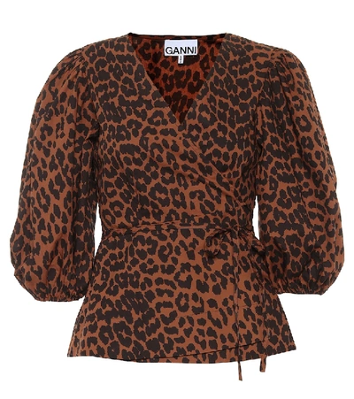Ganni Floral-print Organic Cotton-poplin Wrap Top In Brown