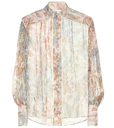 Zimmermann Lucky Bound Floral-print Silk Chiffon Blouse In Light Blue/burgundy