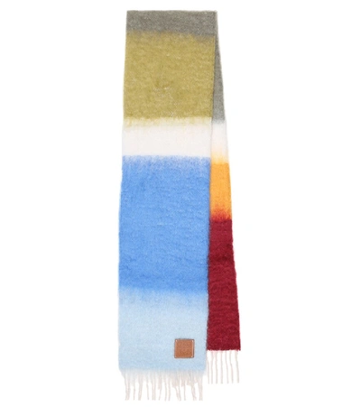 Loewe Leather-trimmed Fringed Striped Mohair-blend Scarf In Blue