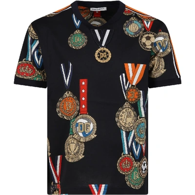 Dolce & Gabbana Kids' Blue T-shirt For Boy With Medals In Blu Scuro