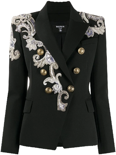 Balmain Beaded Double-breasted Blazer In Black