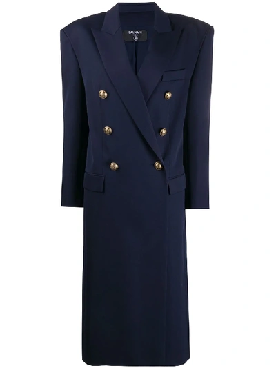 Balmain Oversized-shoulder Merino-wool Flannel Coat In Blue