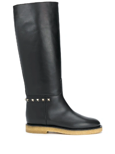 Valentino Garavani Rockstud Knee High Leather Boots In 黑色