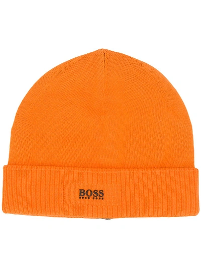 Hugo Boss Babies' Logo Embroidered Beanie Hat In Orange