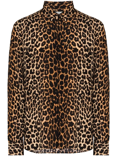 Saint Laurent Brown Silk Leopard Shirt In Black,brown