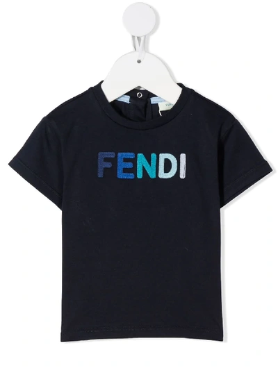 Fendi Babies' Embroidered Logo T-shirt In Blue