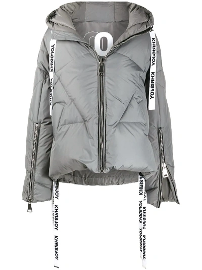 Khrisjoy Logo Drawstring Feather Down Jacket In Grey