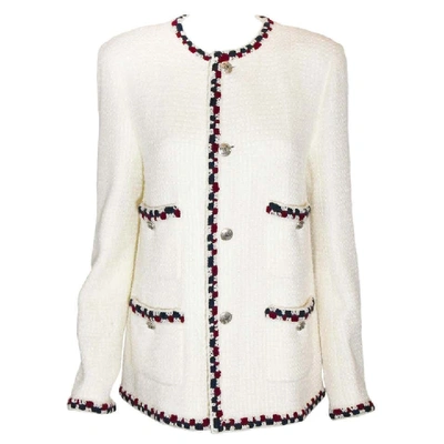 Pre-owned Chanel Tweed Jacket With Crochet Red And Blue Yarn Trim In Neutrals