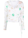 Saks Potts White Printed Jersey Wrap Top In White