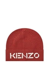 KENZO RED WOOLEN HAT WITH LOGO PRINT,81B358F2-91B3-5A67-A6E3-6805176B5815