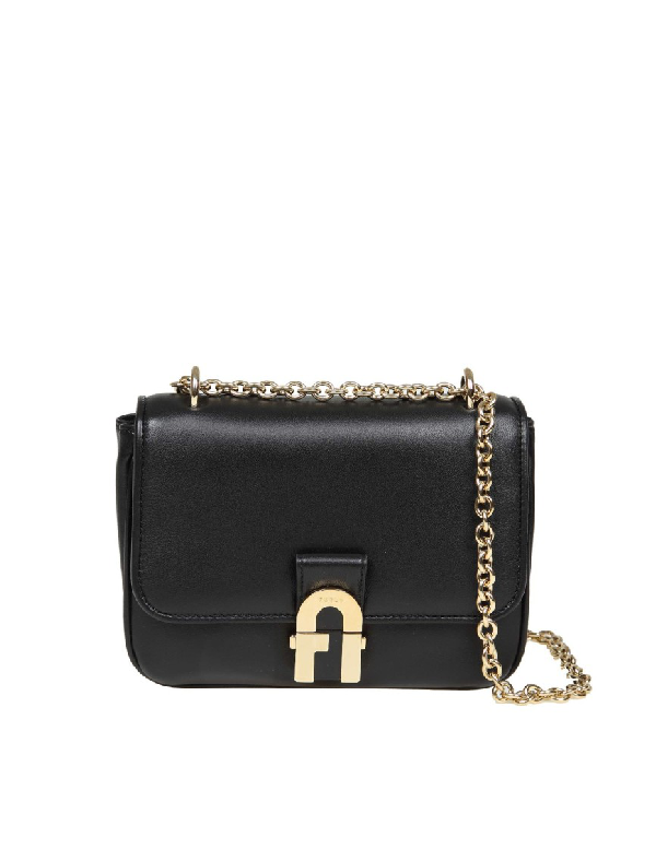 furla black leather shoulder bag